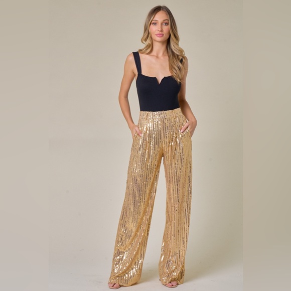 ✨ NEW Structured Wide-Leg Gold Sequin Pants | Glam Party Trousers ✨ - Picture 4 of 11